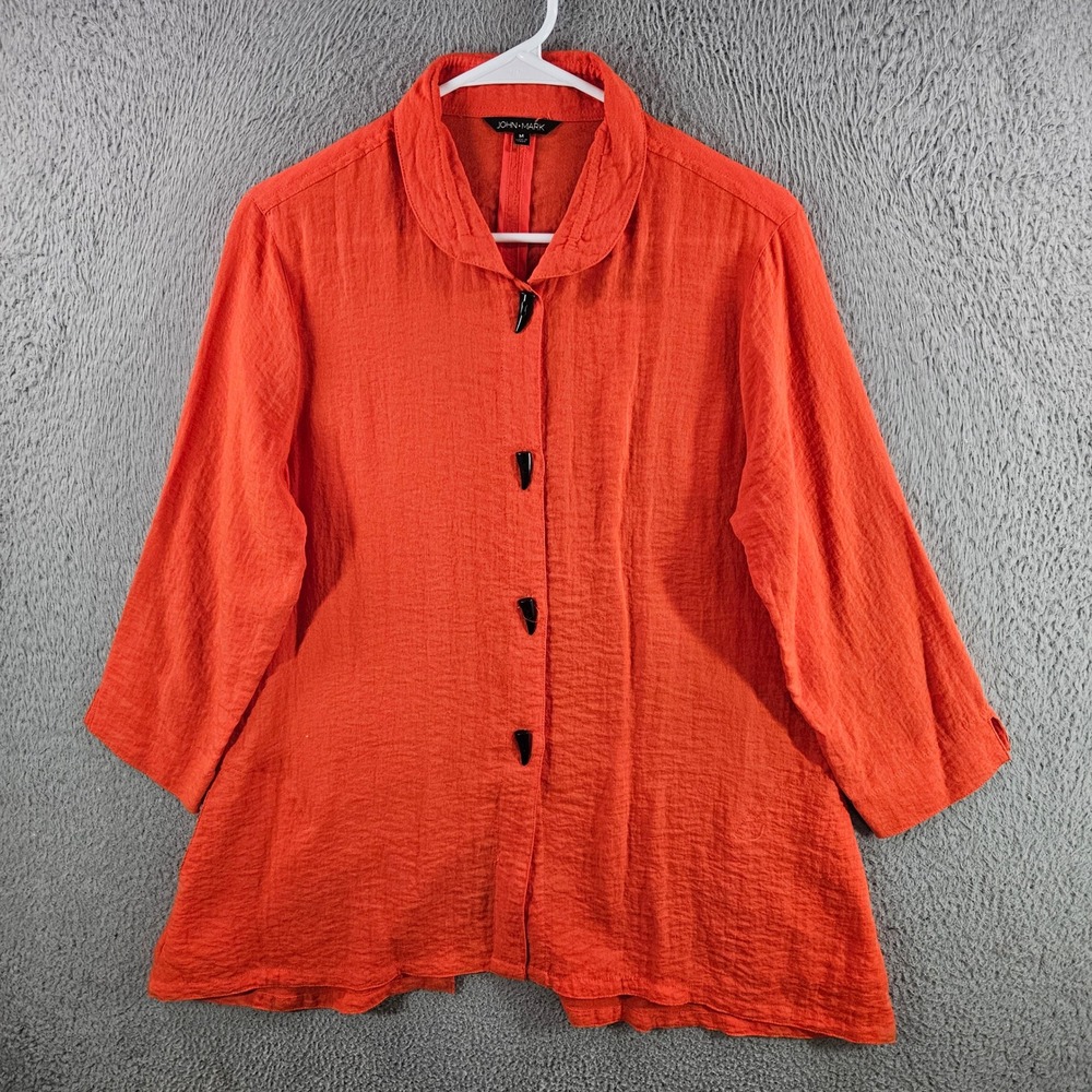 John Mark Orange Textured Button Front Shirt Toggle‎ 3/4 Sleeve Side Pockets M
